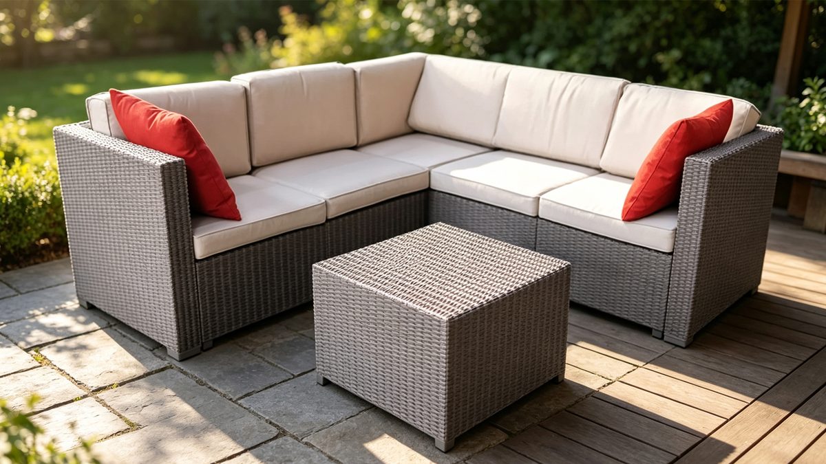 Indigo Plastic Wicker Texture Cushion L-Shape Sectional PP Sofa Set