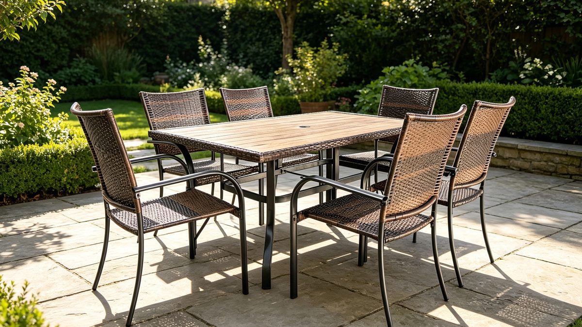 Contempo 7 Piece Steel SPC Wood Texture Top Table Dining Set