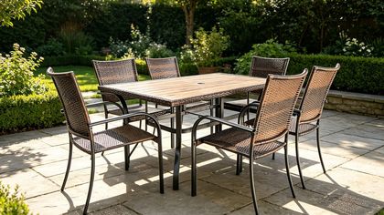 Contempo 7 Piece Steel SPC Wood Texture Top Table Dining Set